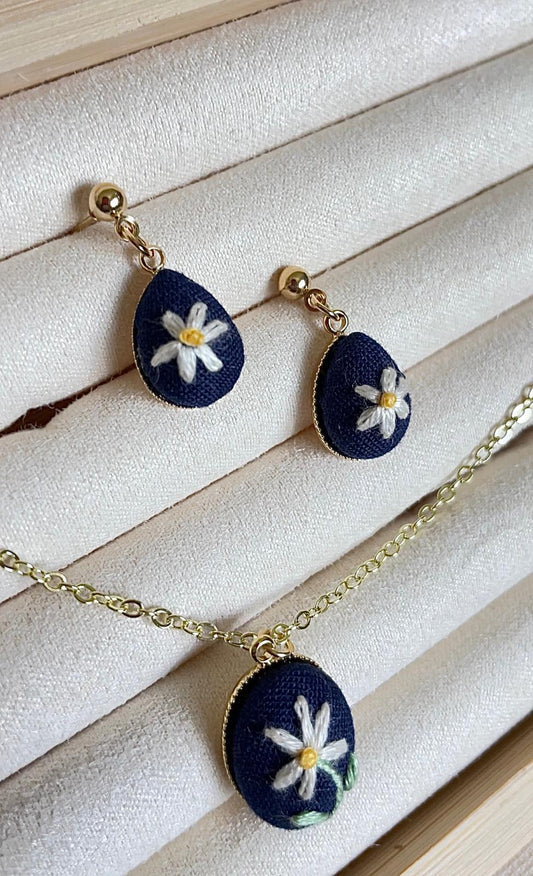 Daisies Blue Jewelry Set - Hand Embroidered Necklace & Earrings