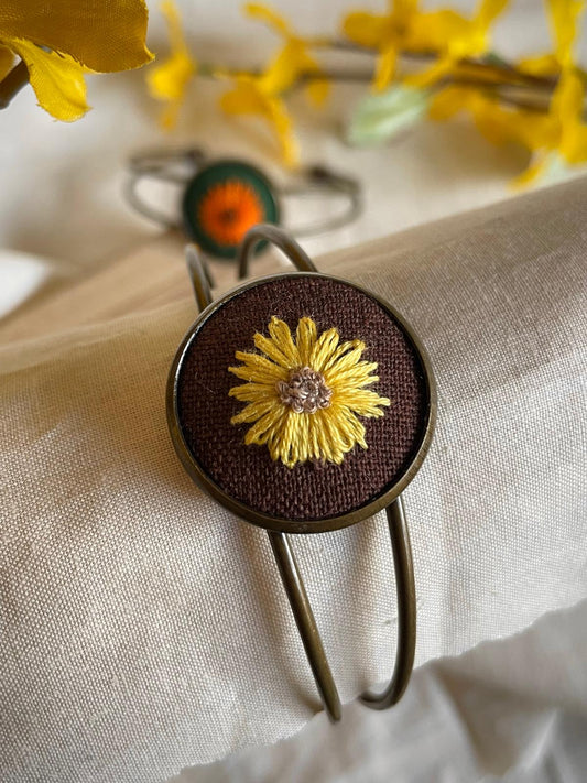 Bracelet - Hand Embroidered Sunflower Cuff