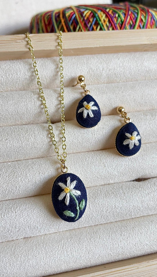 Daisies Blue Jewelry Set - Hand Embroidered Necklace & Earrings