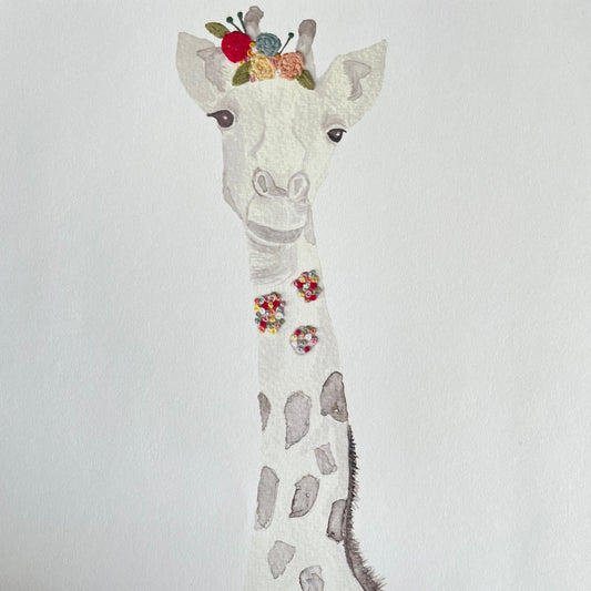 Print - Giraffe Watercolor with Embroidery