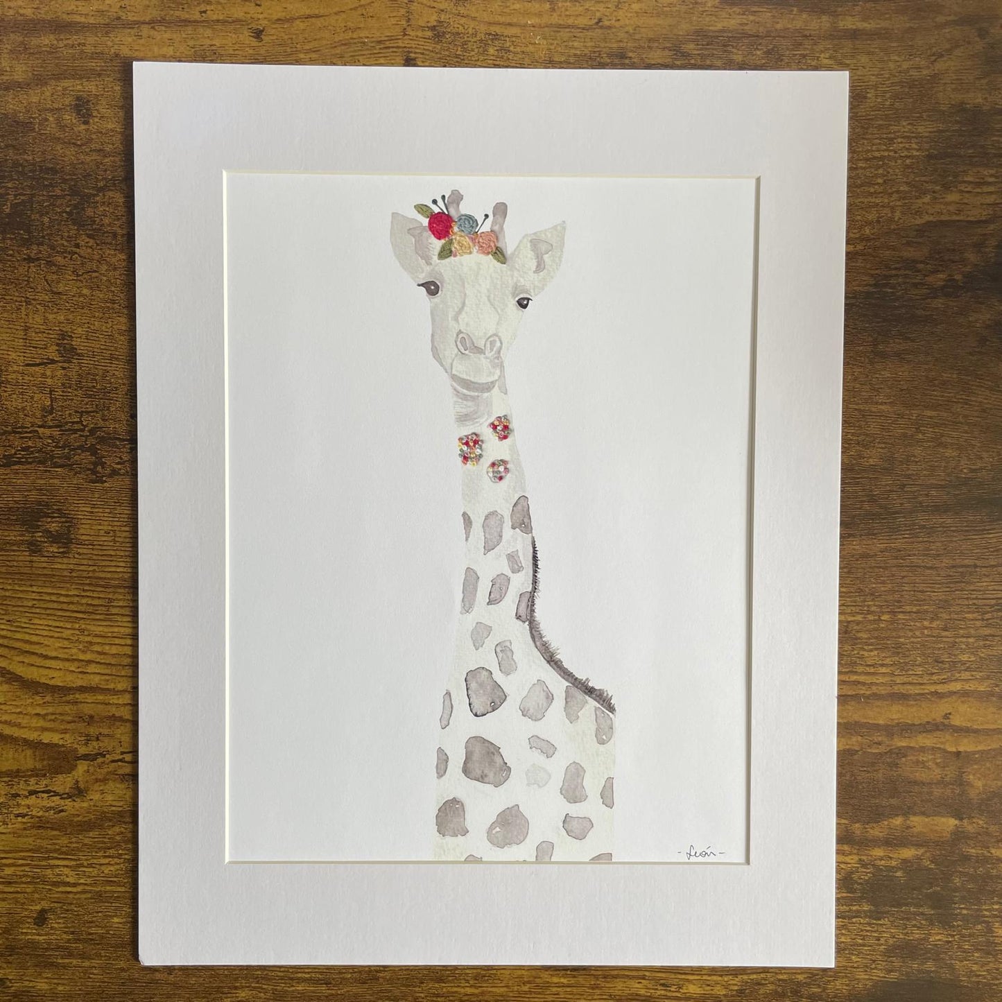 Print - Giraffe Watercolor with Embroidery