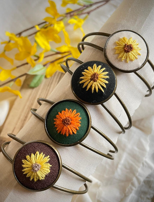 Bracelet - Hand Embroidered Sunflower Cuff