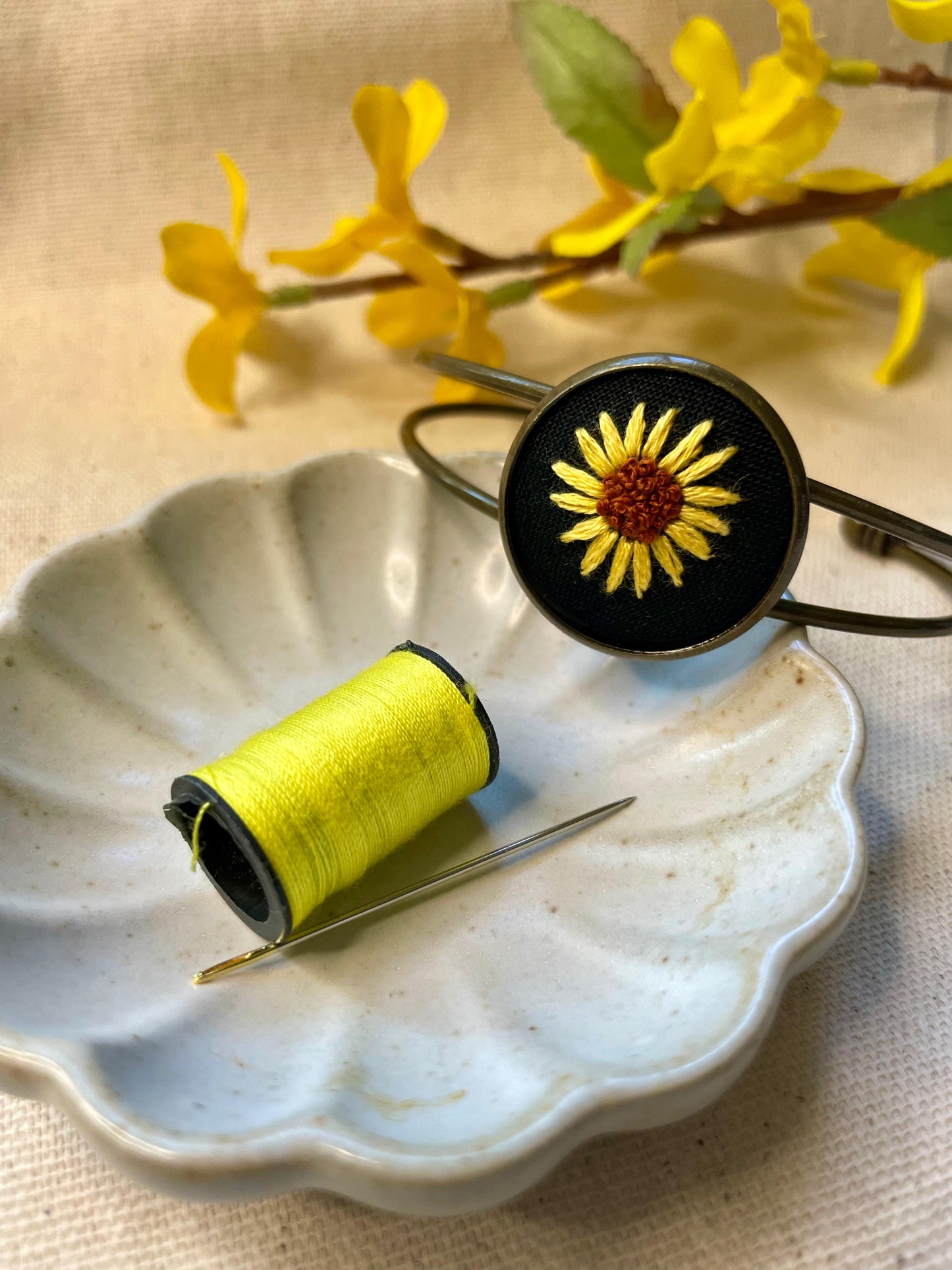 Bracelet - Hand Embroidered Sunflower Cuff
