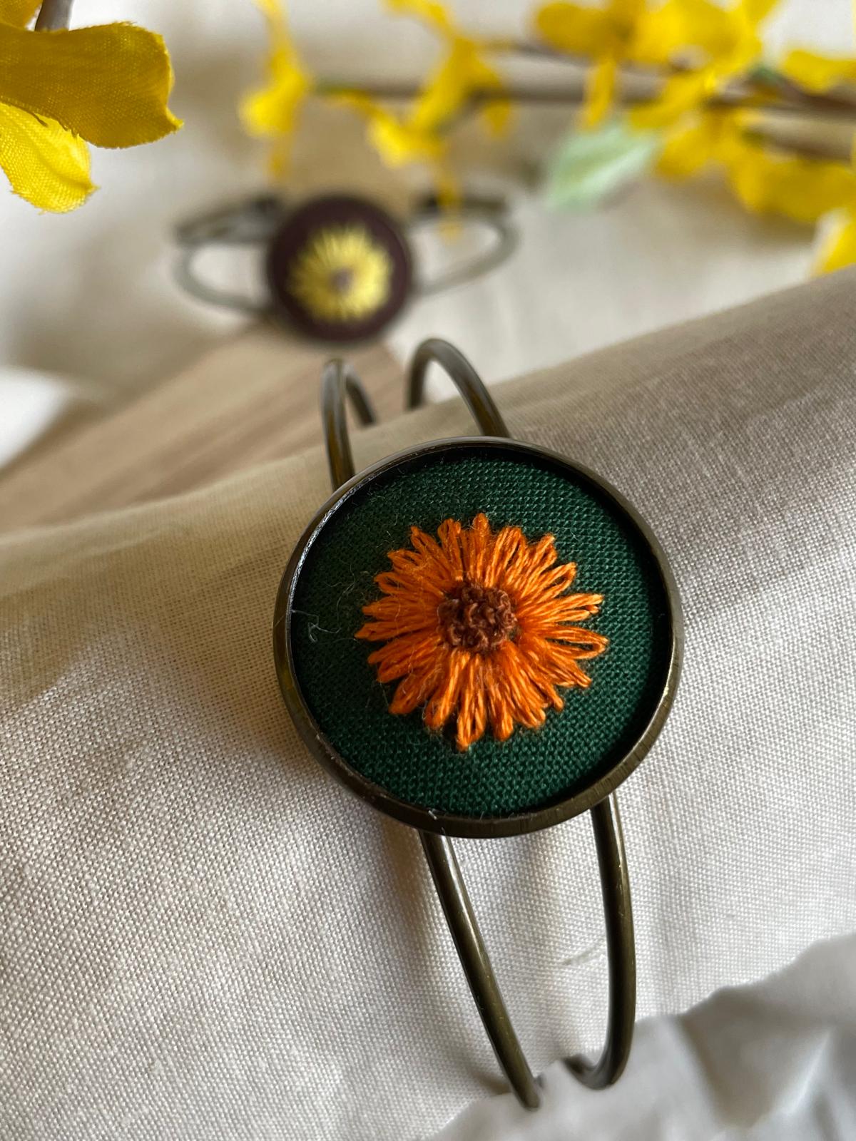 Bracelet - Hand Embroidered Sunflower Cuff
