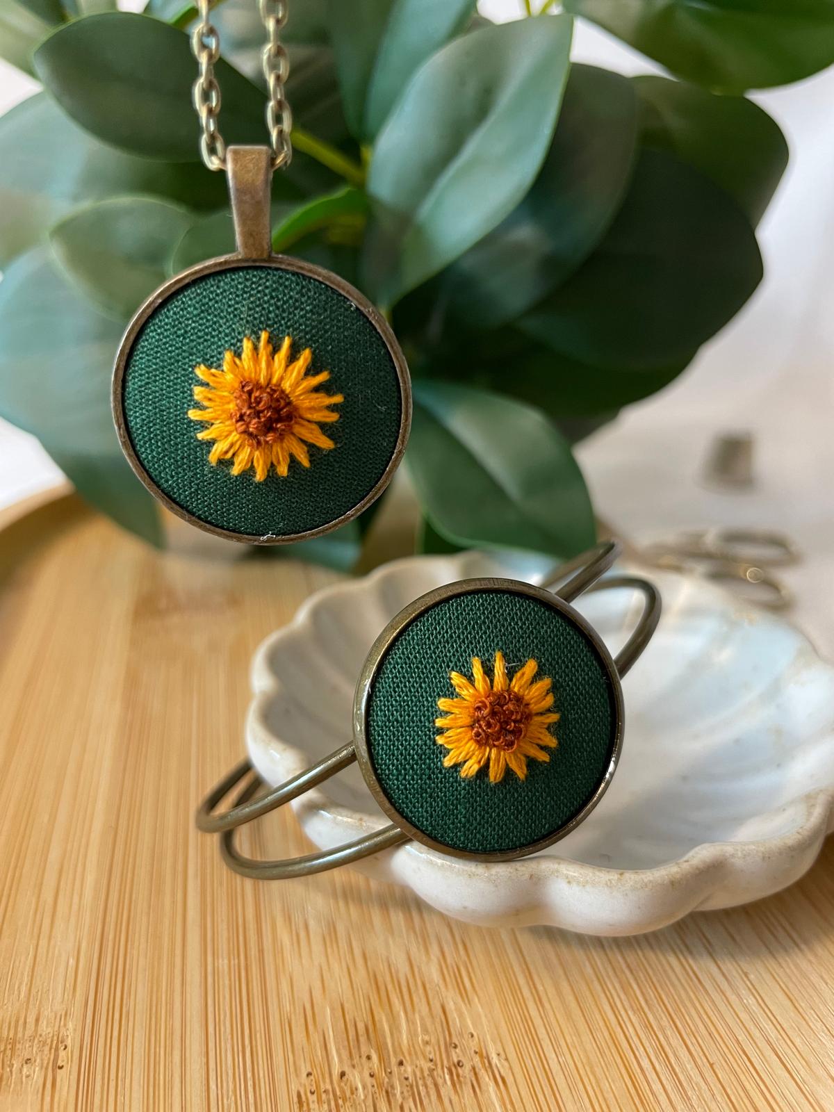 Bracelet - Hand Embroidered Sunflower Cuff